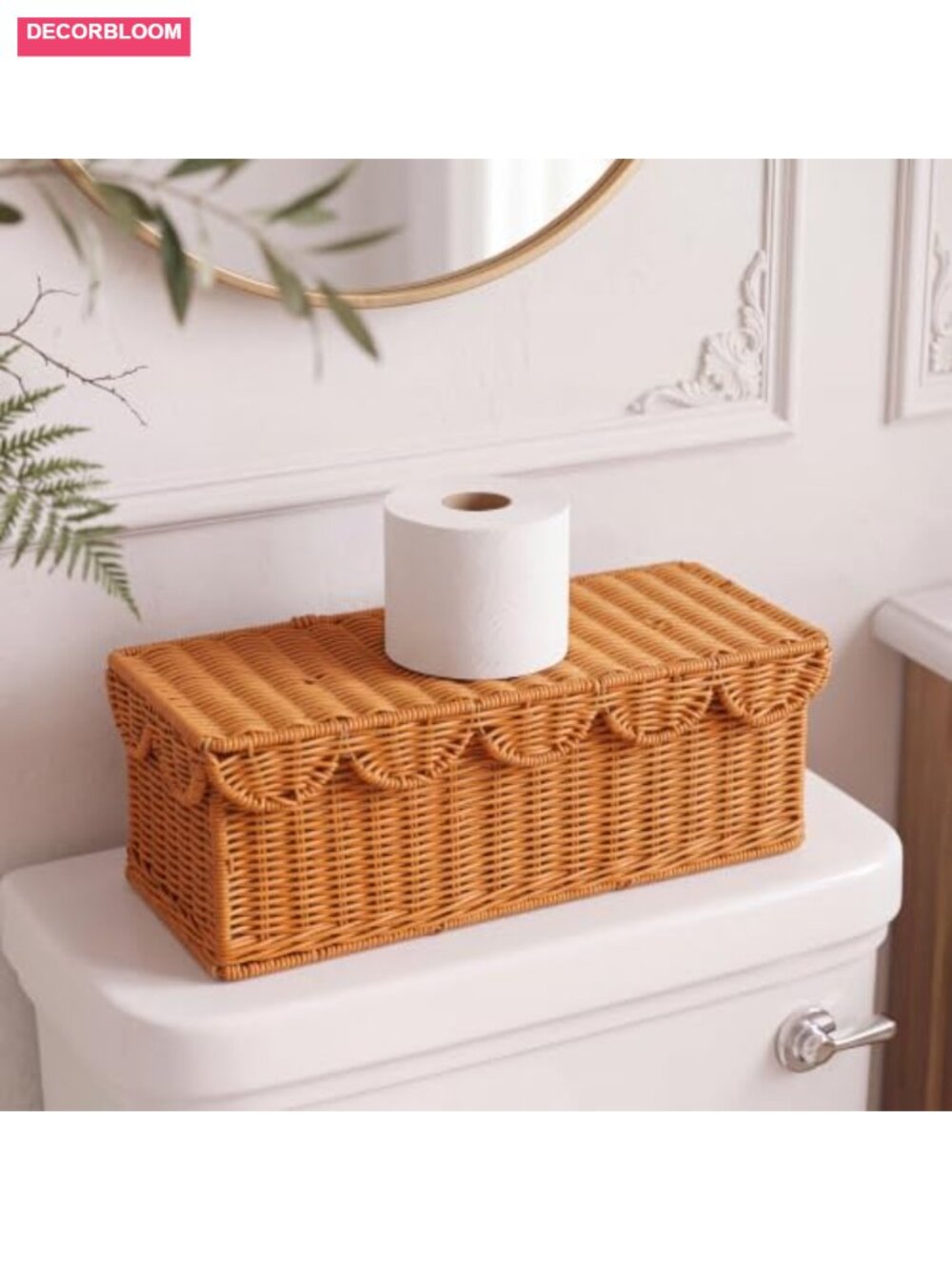 Hand Woven Toilet Paper Storage Basket with Lid Scalloped Bathroom Organizer